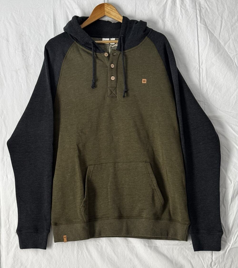 Tentree Men's Oberon Henley Hooded Sweatshirt XL Olive Green/Black Heather NWT